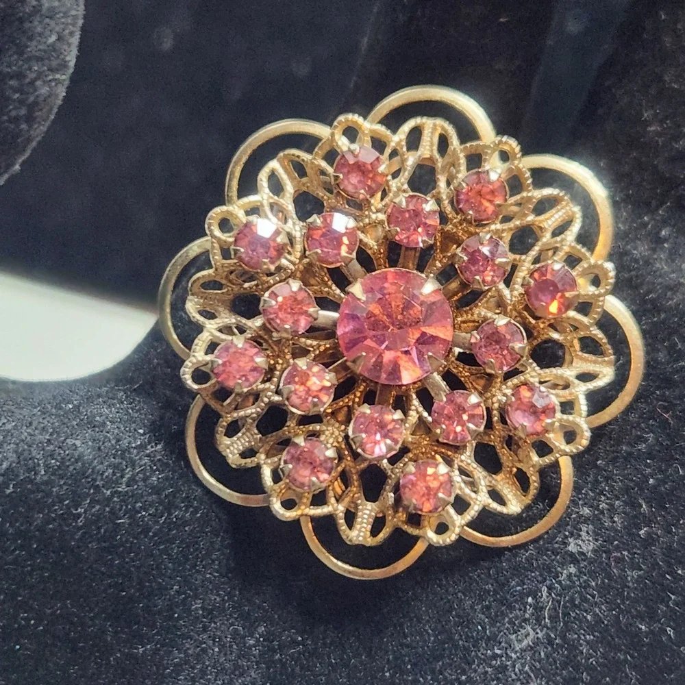Vintage Gold Tone Filigree Pink Rhinestone Flower Brooch Pin Floral Statement